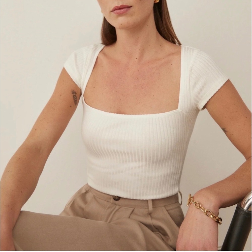 Reformation Bardot white ribbed top small minimalist classic capsule preppy